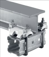 MI-DGC Hot-dip galvanised (HDG) double beam clamp for connecting MI girders to steel beams for heavy-duty applications