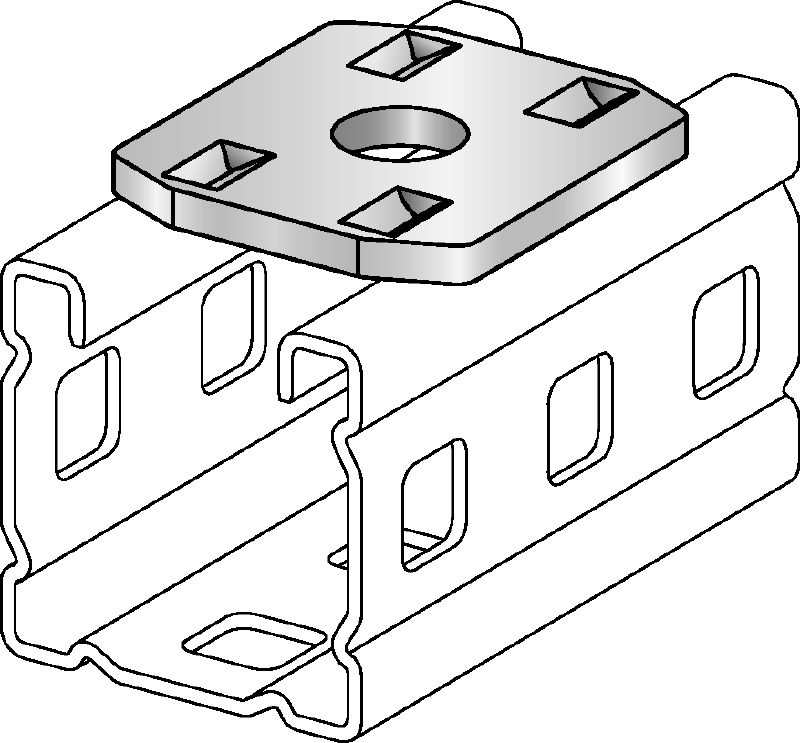MC-PU Universal channel plate Galvanised load distribution plate for use where threaded components/bolts are fitted through the open face of MC-3D installation channel indoors